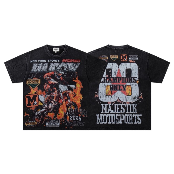 Flame Off-road Motorcycle Rhinestone Print Washed Tee 29065105