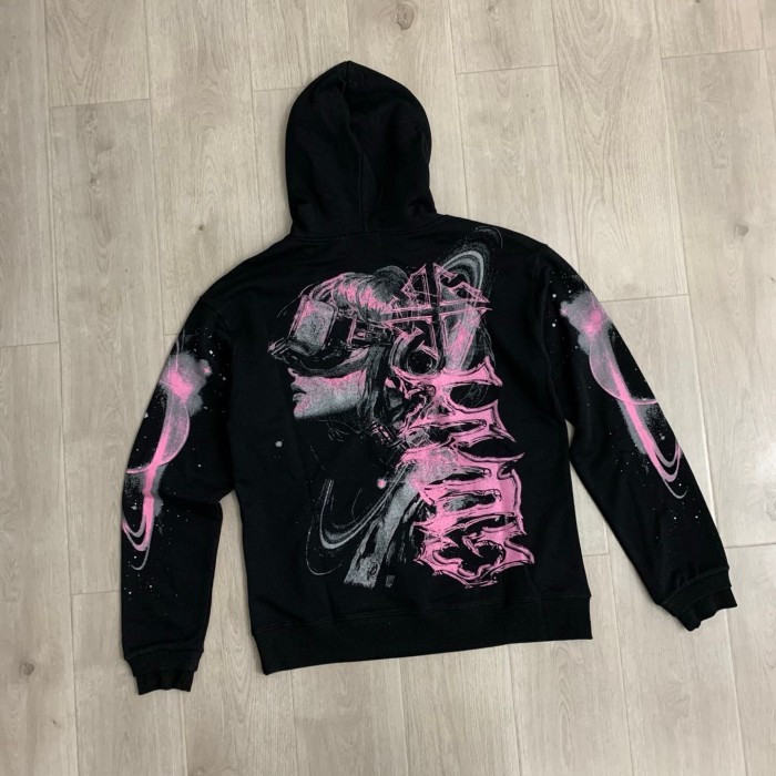 Unisex Oversized Black Streetwear with Pink Anime Cyber Girl Print White Ink Hoodie 29069162