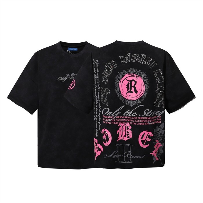 Dark High-Street Rebellious Rhinestone Print Washed Tee 11 colors 29077647