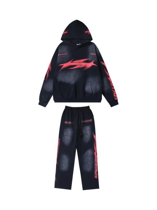 Sport Red Logo Print Washed Version hoodie & pants set 28519162