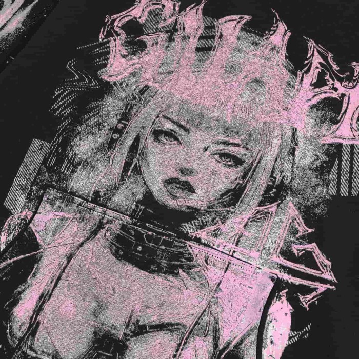 Unisex Oversized Black Streetwear with Pink Anime Cyber Girl Print White Ink Hoodie 29069162