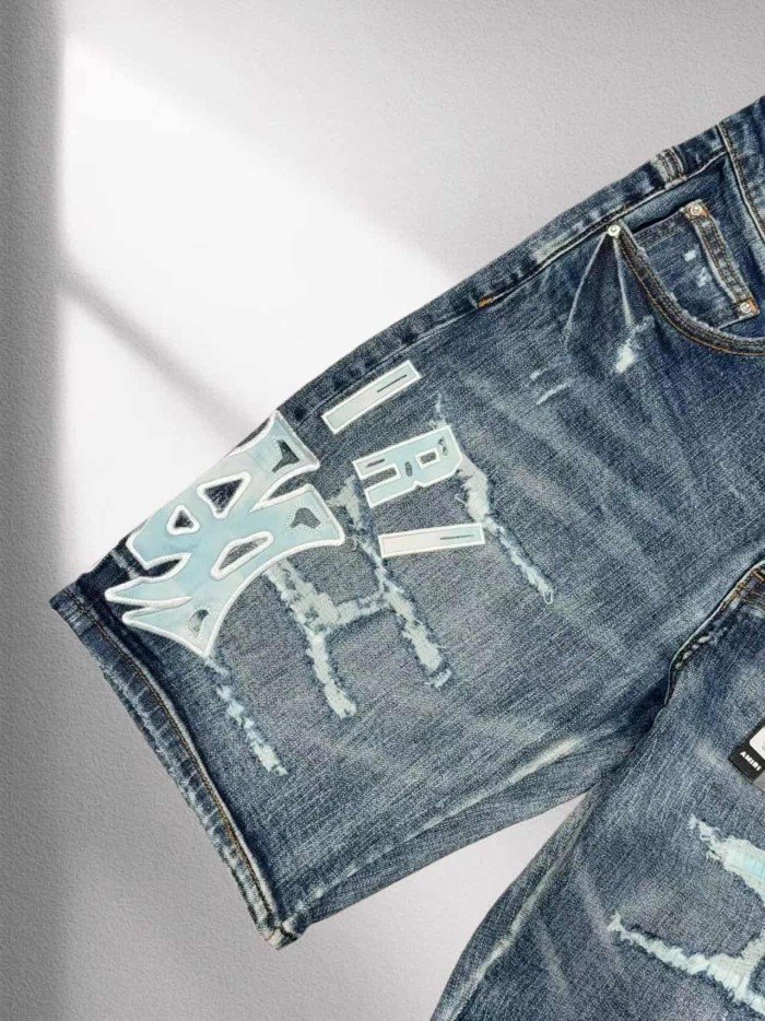 1:1 quality version Reflective Letter Patch Distressed Denim Shorts 29045796