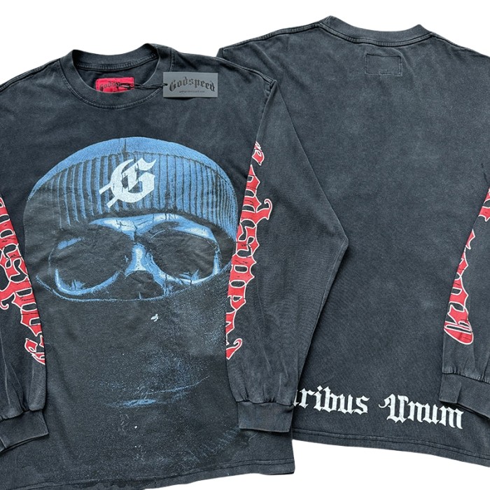 28136495 Masked Skull Print Washed Version Long Sleeve T-Shirt 2 colors