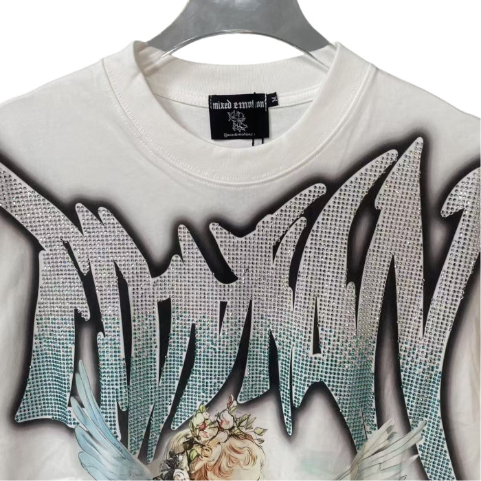 Blue and White Rhinestone Angel and Peace Dove Print Tee 28592925