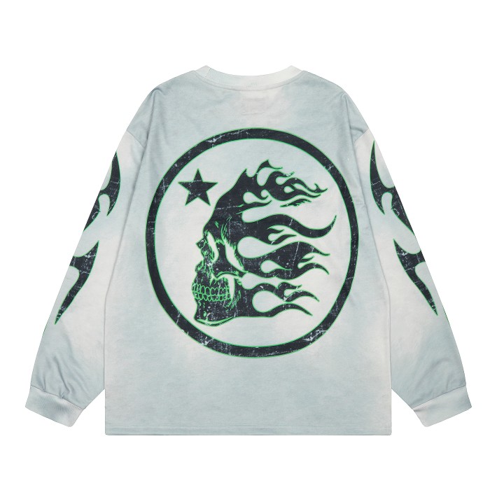Green letter Print Washed Version Long-Sleeve T-Shirt 28471090
