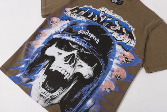 Helmet skull motorcycle cross black and brown dual-color vintage T-shirt 2 colors 29051376