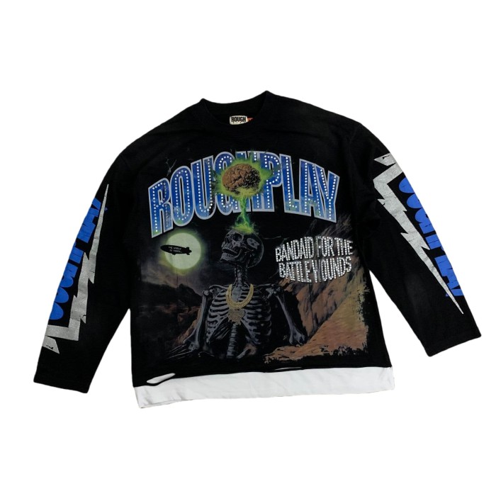 Yellow Sand Skull Rhinestone Print Washed Version Long Sleeve T-Shirt 28758388