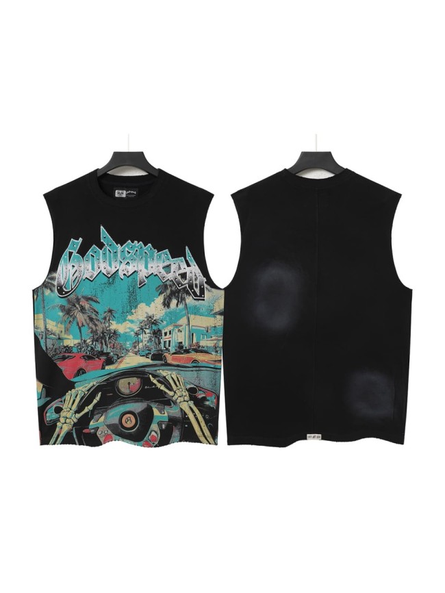 Skull Racing View Rhinestone Print Washed Vest 29106663