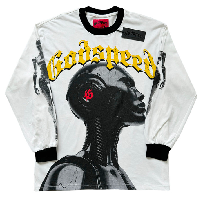 27971281 Robot With Headphones Printed Washed Long Sleeve T-Shirt 4 colors