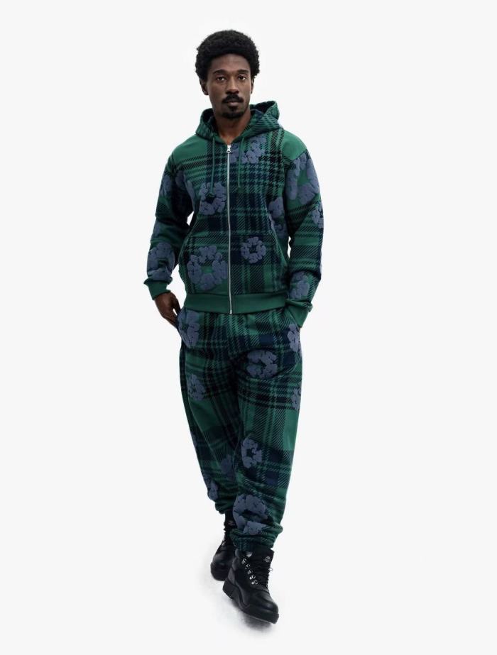 1:1 quality version Houndstooth Cotton Fleece Zipper Hoodie & Pants Set 3 colors 28566172