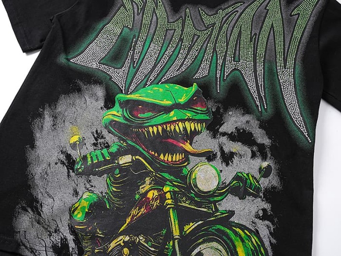 Motorcycle Lizard Monster Rhinestone Print Washed Tee 29105649