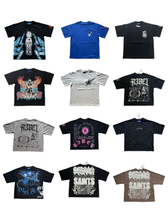Dark High-Street Rebellious Rhinestone Print Washed Tee 11 colors 29077647