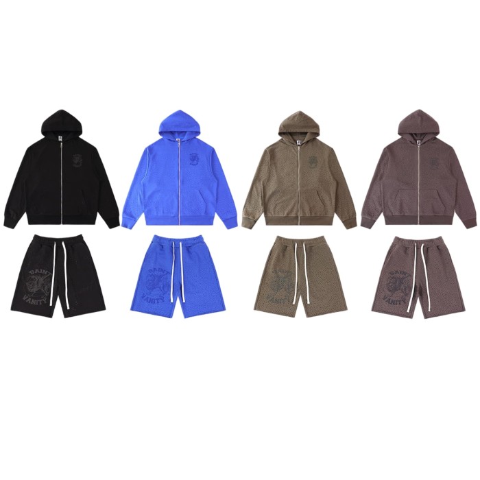 Lion Pattern All-over Rhinestone Print Zip Up Hoodie & Shorts Set 4 colors 29077777