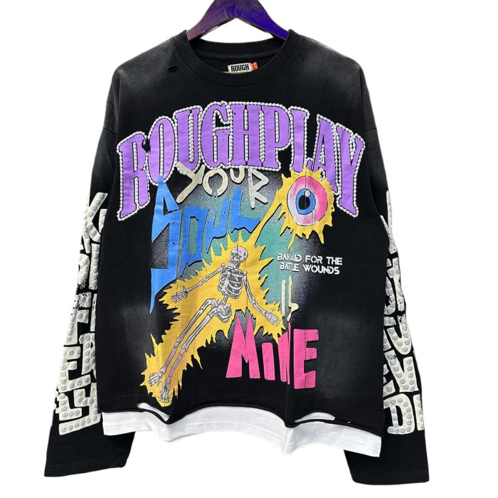 Electric Shock Skull Eyeball Silver Hot Stamping Print Washed Version Long Sleeve T-Shirt 28758384
