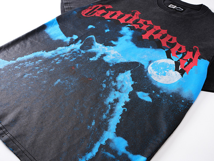Moonlight Wolf  vintage-style washed double-sided printed short-sleeved T-shirt 29043128