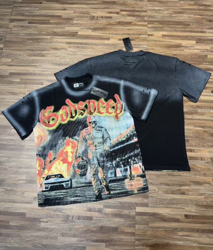 Flame Racing Driver Skull Vintage Black Short-Sleeve T-Shirt 29052456