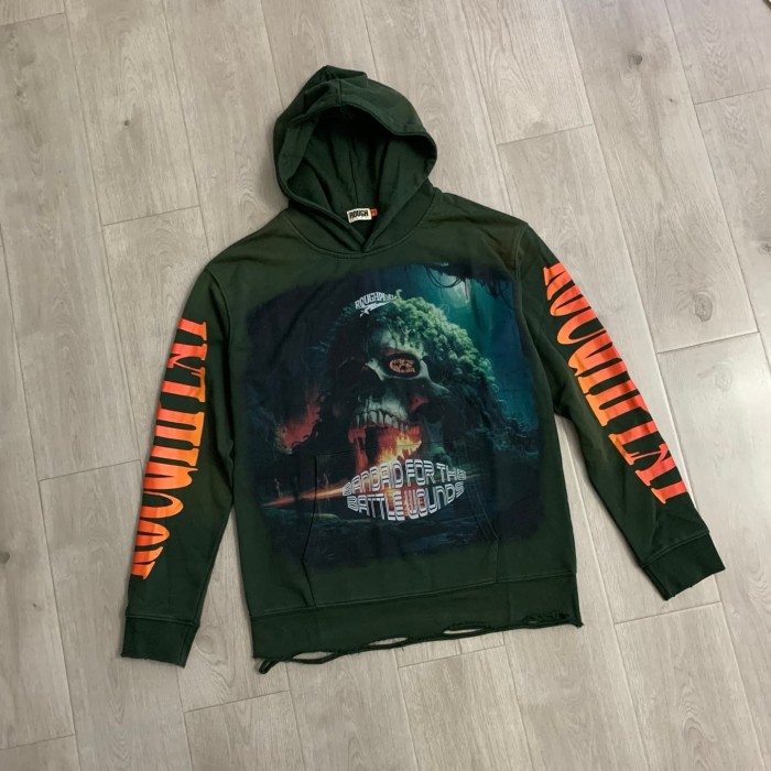 Dark Green Washed Distressed Skull Print Hoodie 29068976
