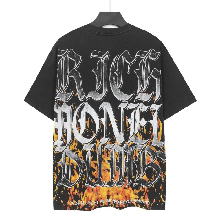 Dirty braids, red eyes, banknotes, skeletons, flames, worn-out black T-shirt 29053388