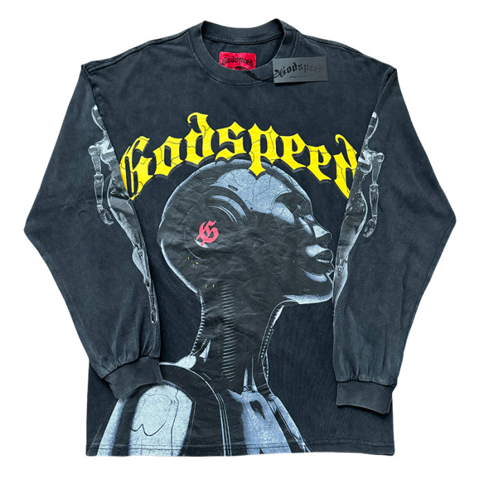 27971281 Robot With Headphones Printed Washed Long Sleeve T-Shirt 4 colors