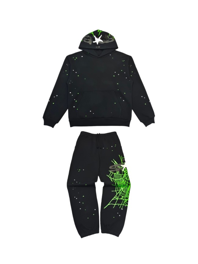 1:1 quality version Green Spider Web Printed Hoodie & Pants Set 28692914