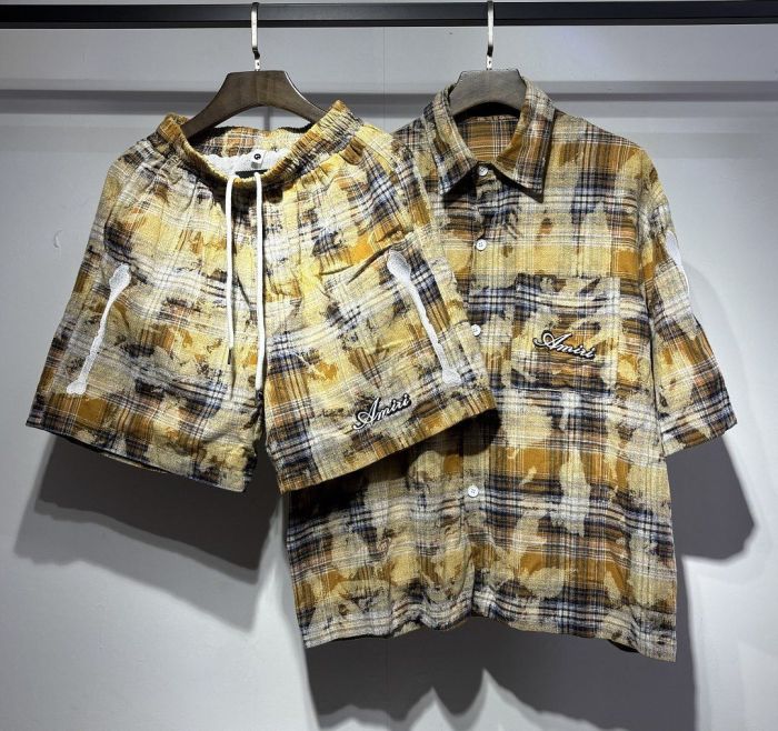 Camo Plaid Bone Embroidery Shirt & Shorts Set 2 colors 29052573