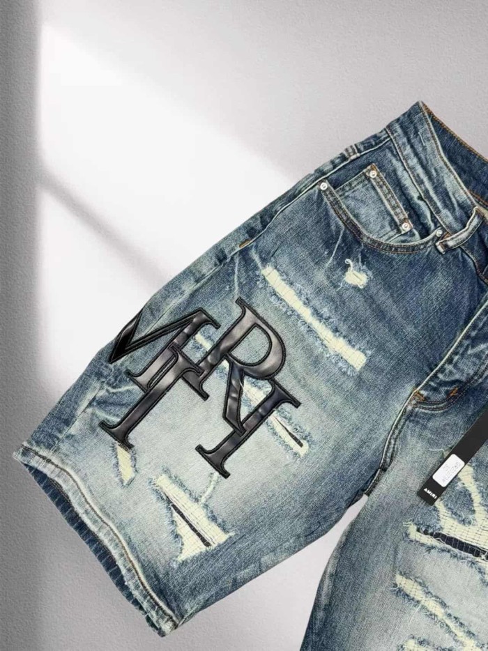 1:1 quality version Vintage Ripped Letter Leather Patch Denim Shorts 29045801