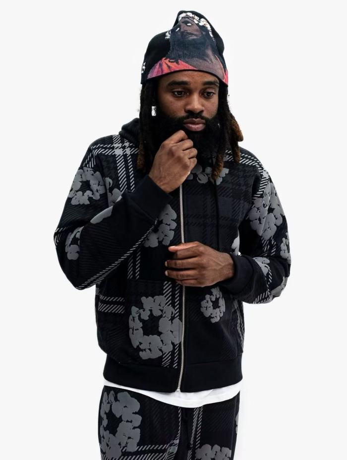 1:1 quality version Houndstooth Cotton Fleece Zipper Hoodie & Pants Set 3 colors 28566172