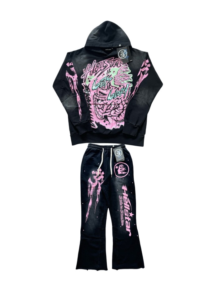 Gut Print Pollen Alphabet Washed Black hoodie & pants set