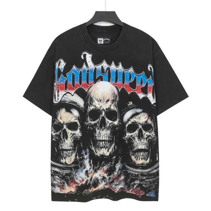 World Tour Three Skulls Black and Army Green Dual-Color Distressed T-Shirt 2 colors 29053372