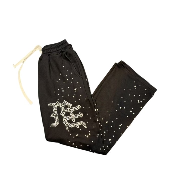 Rhinestone Gothic Letter Print Sweatpants Black Drawstring Streetwear Pants 28978896