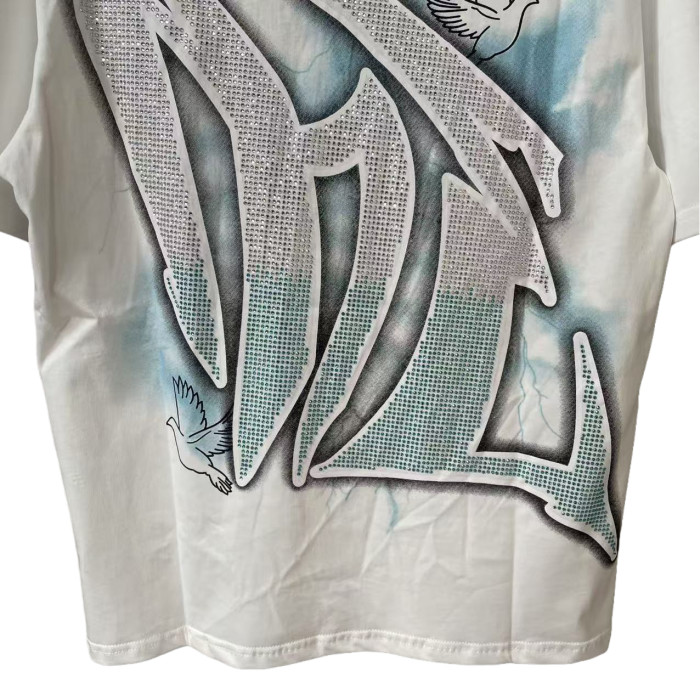 Blue and White Rhinestone Angel and Peace Dove Print Tee 28592925