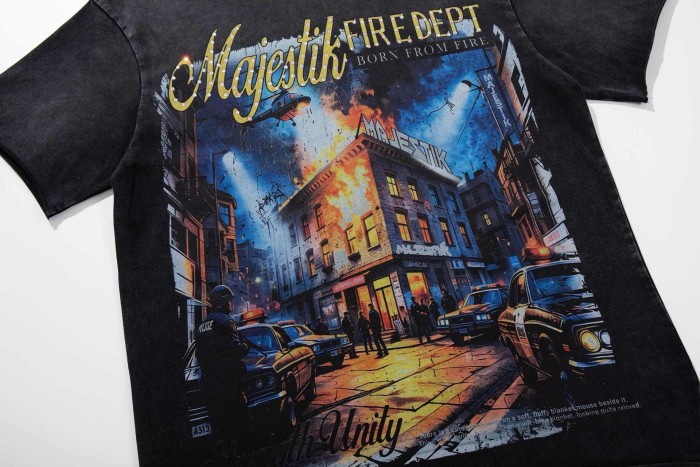 Urban Fire Scene Rhinestone Print Washed Tee 29060721