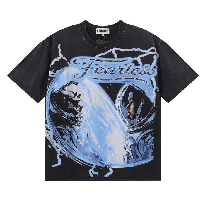Astronaut Skull Hotfix Rhinestone Print Washed Tee 28874489