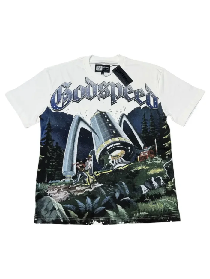 Loose short-sleeved T-shirt with white alien spaceship print 29033464