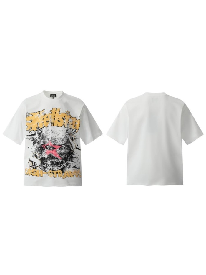Star-eyed Money-worshipping Mask Figure Print Washed Tee 29092394