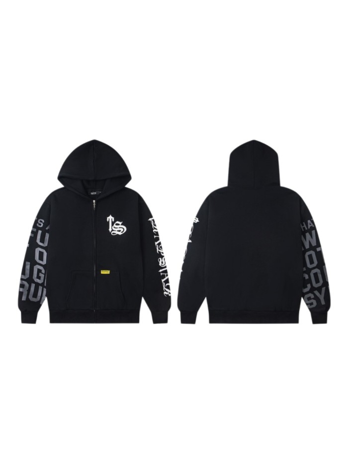 High Street  Arm Letter Print & Logo Embroidery Zip-Up Hoodie 29077574