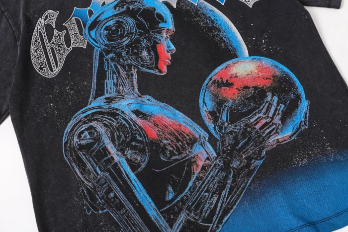 Cyber mechanical female robot planet black vintage short-sleeved T-shirt 29052448