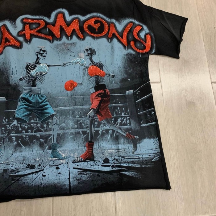 Skeleton Boxing Ring Rhinestone Print Washed Tee 29066076
