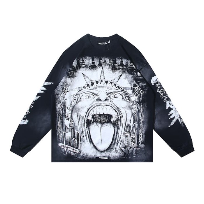 Speed Statue Of Liberty Print Washed Version Long Sleeve T-Shirt 29064429