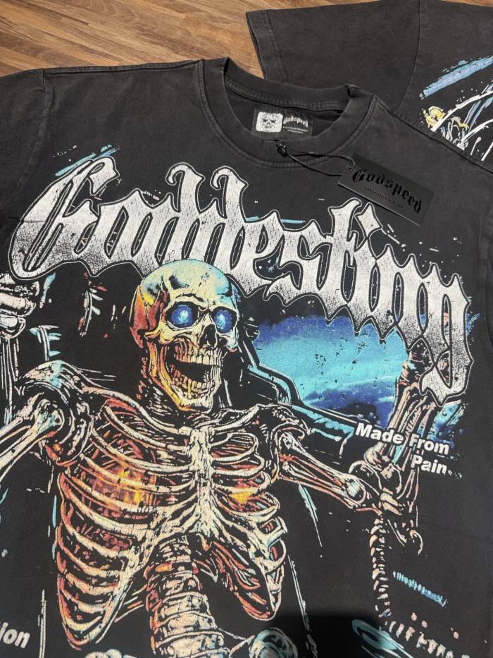 Racing car skeleton double-sided printed vintage washed T-shirt 29038204