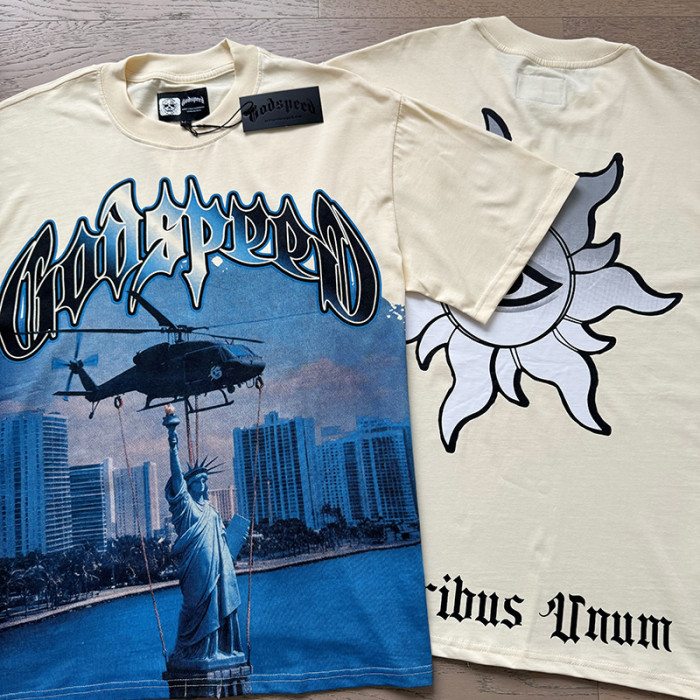 Helicopter Statue of Liberty All-Seeing Eye Beige Short-Sleeve T-Shirt 29044738