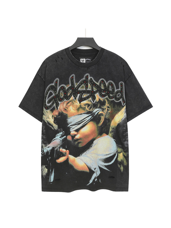 Masked Angel Shot-Effect Rhinestone-Embellished Distressed Print Washed Version Tee 2 colors 28759330