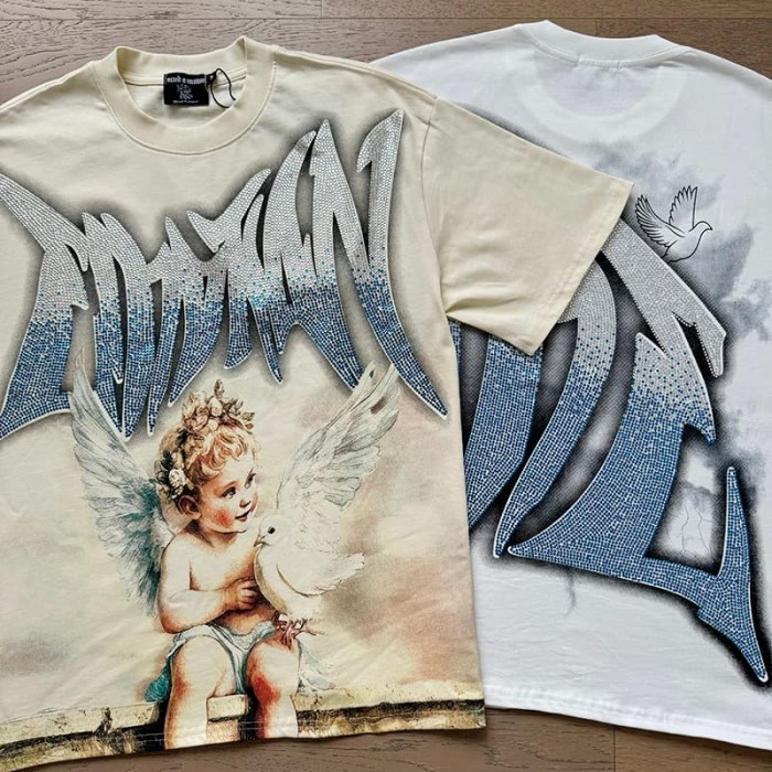 Dove Angel Gradient Rhinestone Print Washed Tee 2 colors 29105639