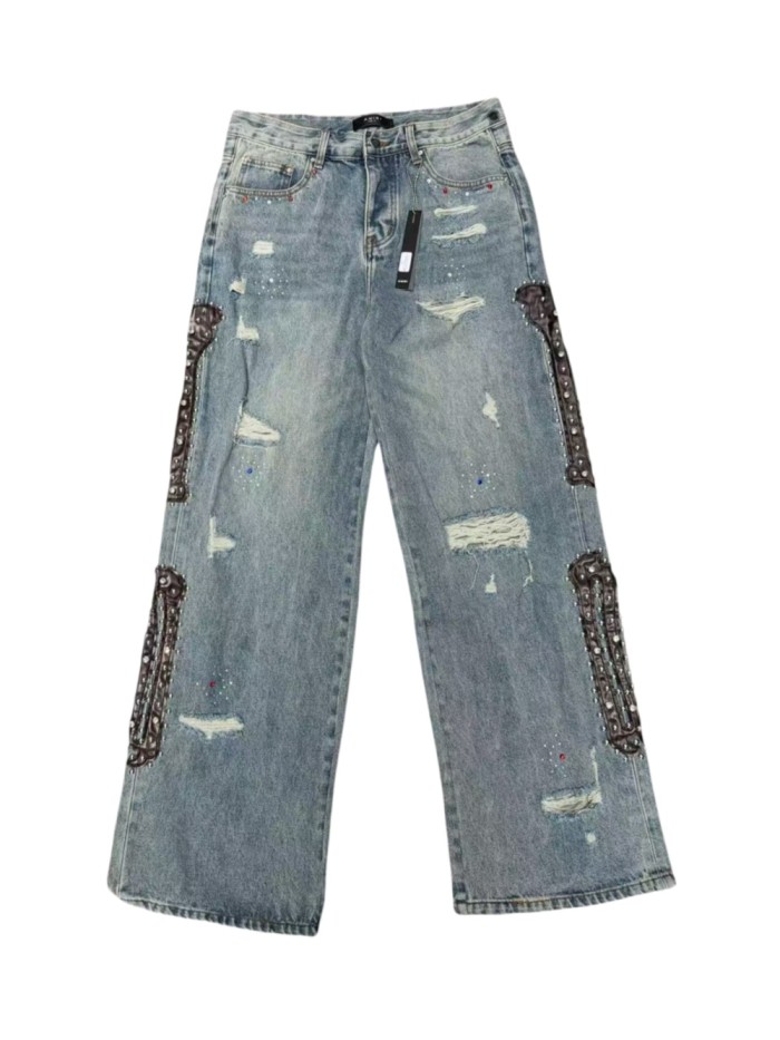 1:1 quality version Washed Light Blue Rhinestone & Studded Leather Patches Baggy Jeans 28996260