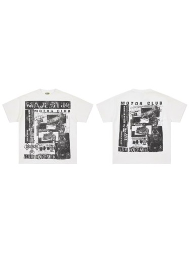 Motorcycle Club Newspaper Rhinestone Print Washed Tee 29064536