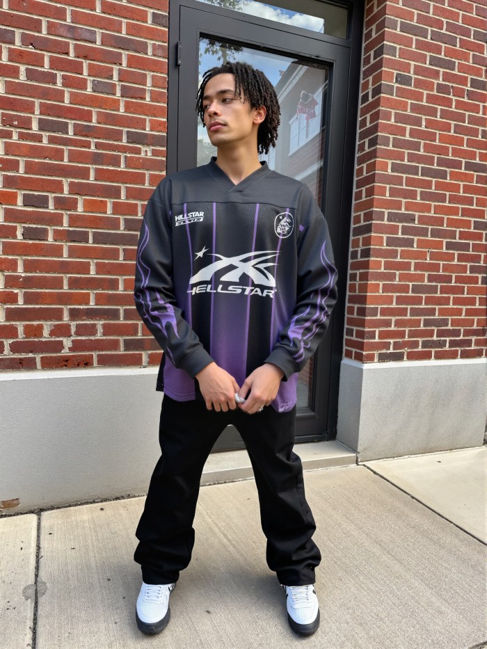 Black and purple mesh patchwork Long Sleeve T-Shirt 28465748