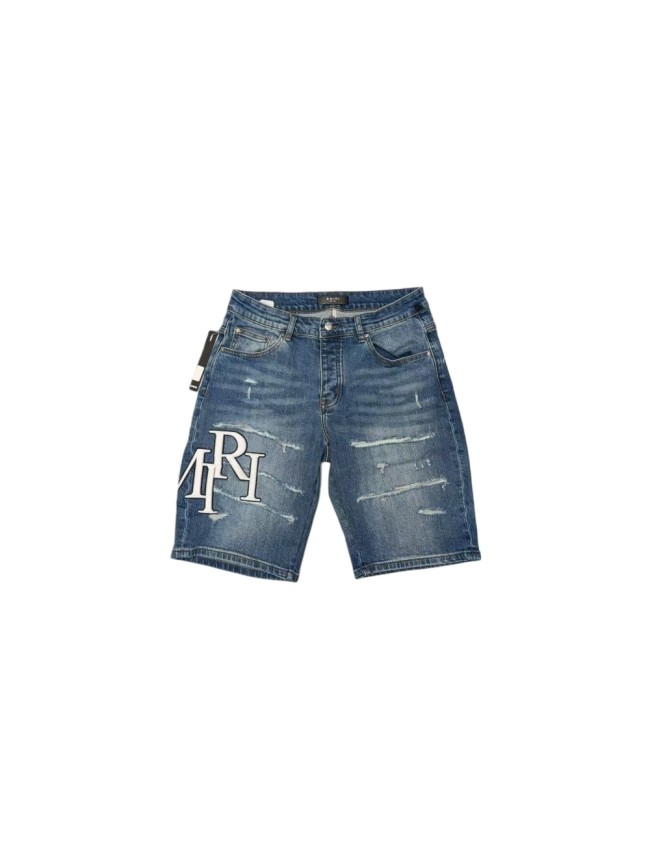 1:1 quality version Fluffy Embroidered Logo Distressed Denim Shorts 28920251