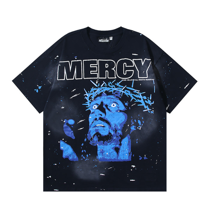 Blue Portrait Ink-Splash Print Washed Version Tee 28755470