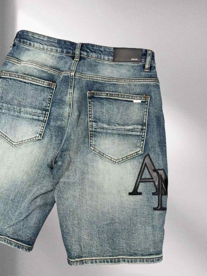 1:1 quality version Vintage Ripped Letter Leather Patch Denim Shorts 29045801