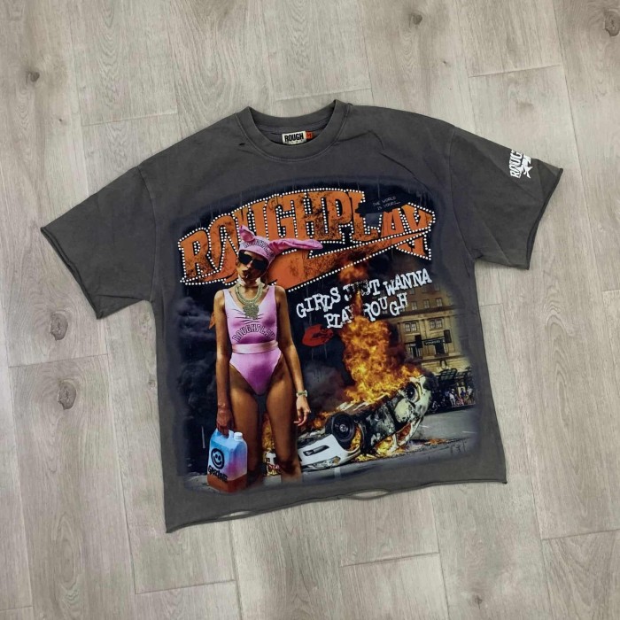 Bunny Girl Explosive Car Rhinestone Print Washed Tee 29069147
